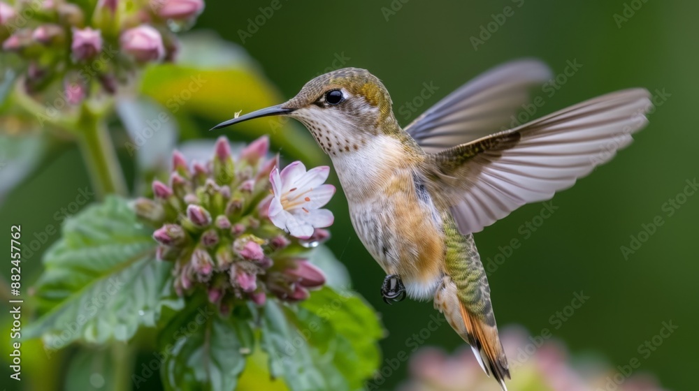 Hummingbird in Flight, Feeding on Flowers. Hummingbird in Flight, Feeding on Flowers.