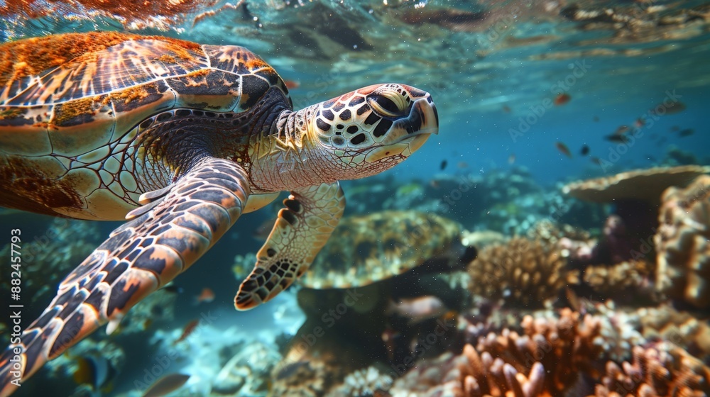 Obraz premium Sea Turtle Swimming Through Coral Reef.