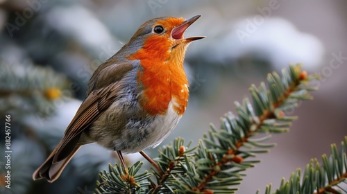 Robin Singing on Pine Branch. © sarinya