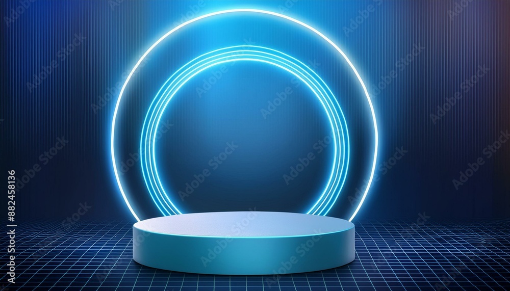 3D Round Podium with Neon Circle on Blue Background for Technology Concept Product Display and Mockup Showroom 3D Round Podium with Neon Circle on Blue Background for Technology Concept Product Display and Mockup Showroom