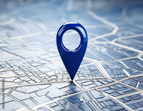 A dark blue location indicator on city map in 3D rendering. City map with a blue GPS location icon determining the exact meeting point. 