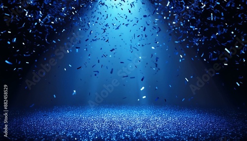 Festivity illustration with navy blue sparkling confetti raining on empty stage with beam of light. Empty room on festive stage with blue confetti. 