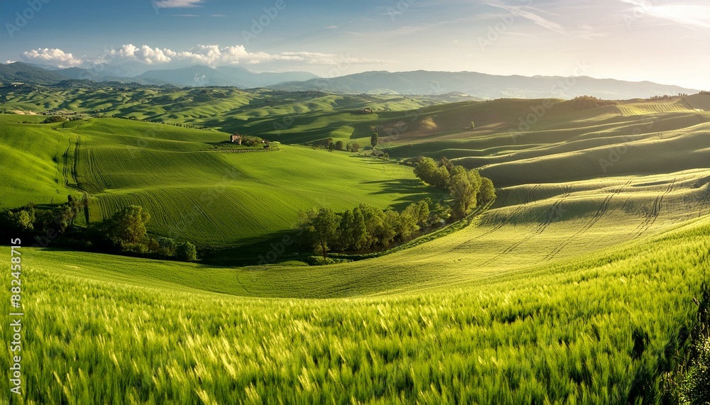Panoramic view of beautiful endless green fields in bright sunlight, Italy Panoramic view of beautiful endless green fields in bright sunlight, Italy