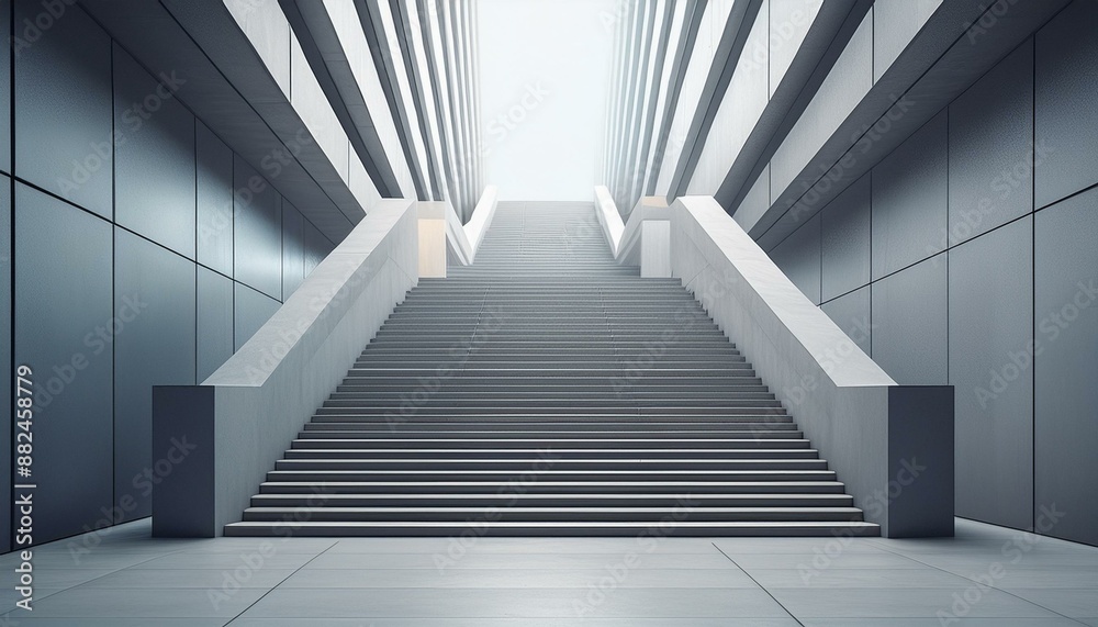 Modern staircase in concrete space. Long concrete stair way to majestic building. Beautiful empty grey stair step in building. Realistic 3D illustration. Modern staircase in concrete space. Long concrete stair way to majestic building. Beautiful empty grey stair step in building. Realistic 3D illustration.