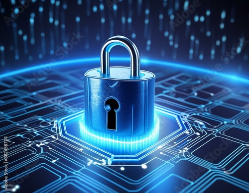 Wallpaper Mural Network security concept data security lock with blue neon effect. Padlock with keyhole in data security on circuit modern safety digital concept. Realistic 3D illustration Torontodigital.ca