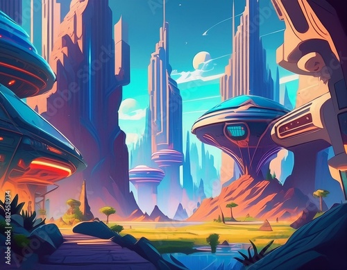 2D abstract futuristic city background environment for mobile adventure or battle game. Futuristic cyberpunk city cartoon style in game art background environment