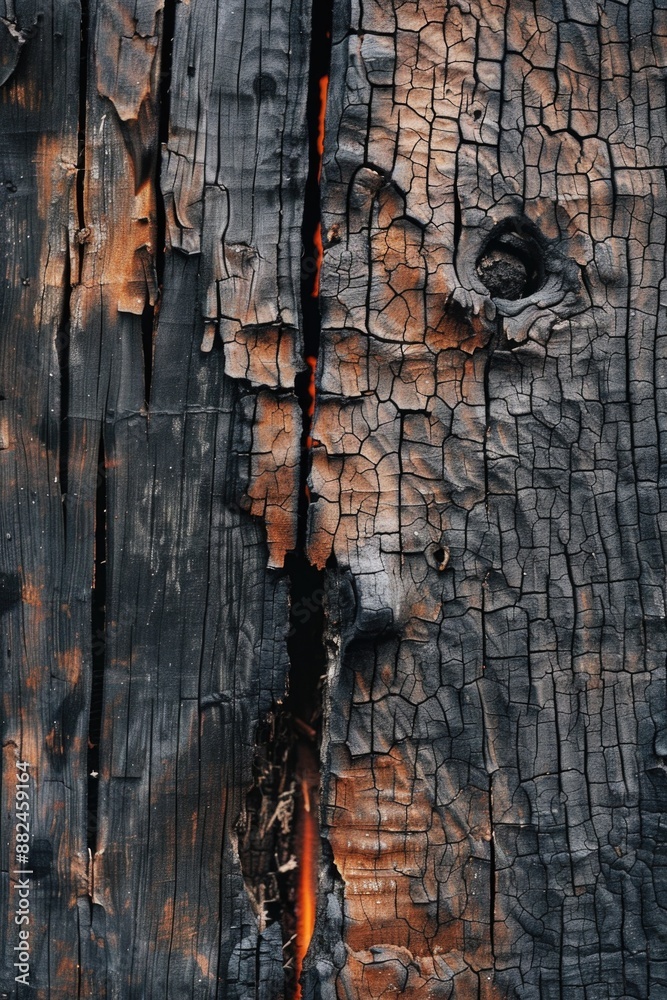 Obraz premium Close-up shot of a charred and cracked wooden fragment