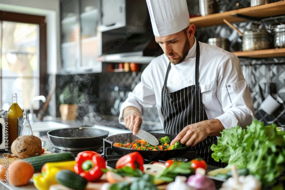 Chef Cooking Fresh Meal in Modern Kitchen Chef Cooking Fresh Meal in Modern Kitchen