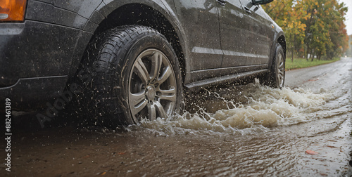 Close-up of a tire of a car on the road in wet road conditions that can affect handling and braking distance photo