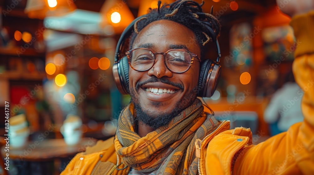Smiling man with headphones in a cozy cafe - generative ai Smiling man with headphones in a cozy cafe - generative ai