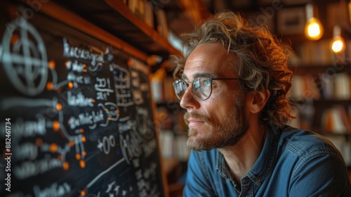 Thoughtful man reflecting on a complex chalkboard in a cozy study - generative ai
