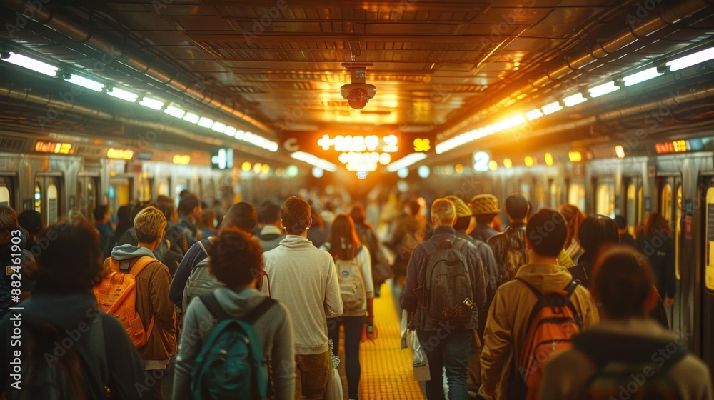 Busy subway station at sunset with commuters - generative ai