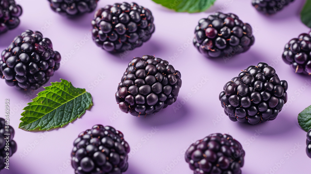 Fresh blackberries arranged on a lavender background with scattered green leaves. Fresh blackberries arranged on a lavender background with scattered green leaves.