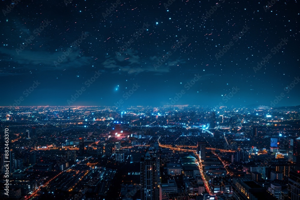 A panoramic shot of a city skyline under the night sky, with glowing buildings and streets, showcasing the contrast between urban illumination and the dark horizon