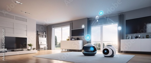 illustrate the concept of the Internet of Things with an image of a smart home, featuring various connected devices and appliances, shot from a low angle with a wide-angle lens