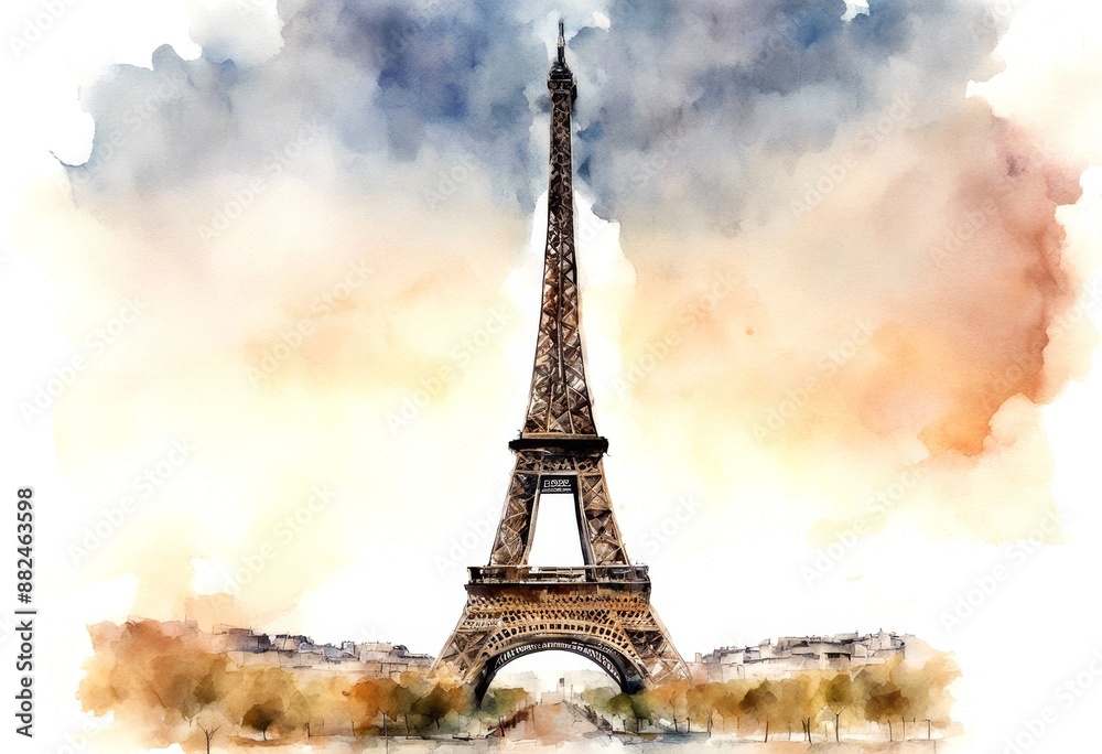 Fototapeta premium poster sticker cutout watercolour card painted decoration clipart object tower sketchy print symbol element greeting drawing hand single one watercolor design beautiful paris eiffel france icon black