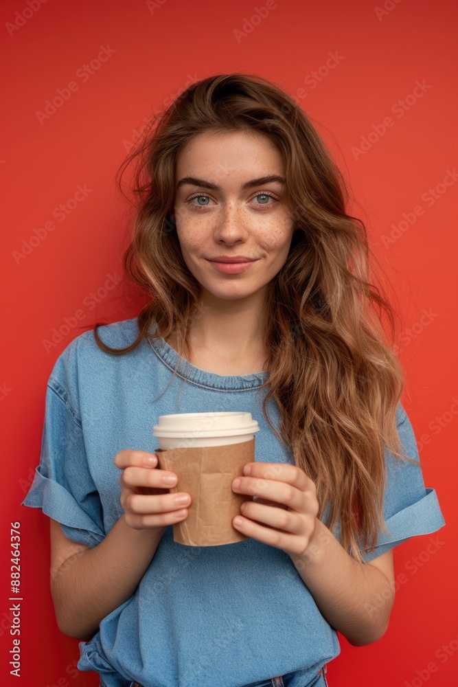 A person sipping coffee in front of a bold red background A person sipping coffee in front of a bold red background