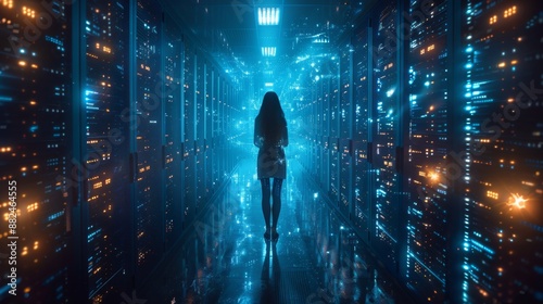 Woman in server room with digital lights - generative ai photo
