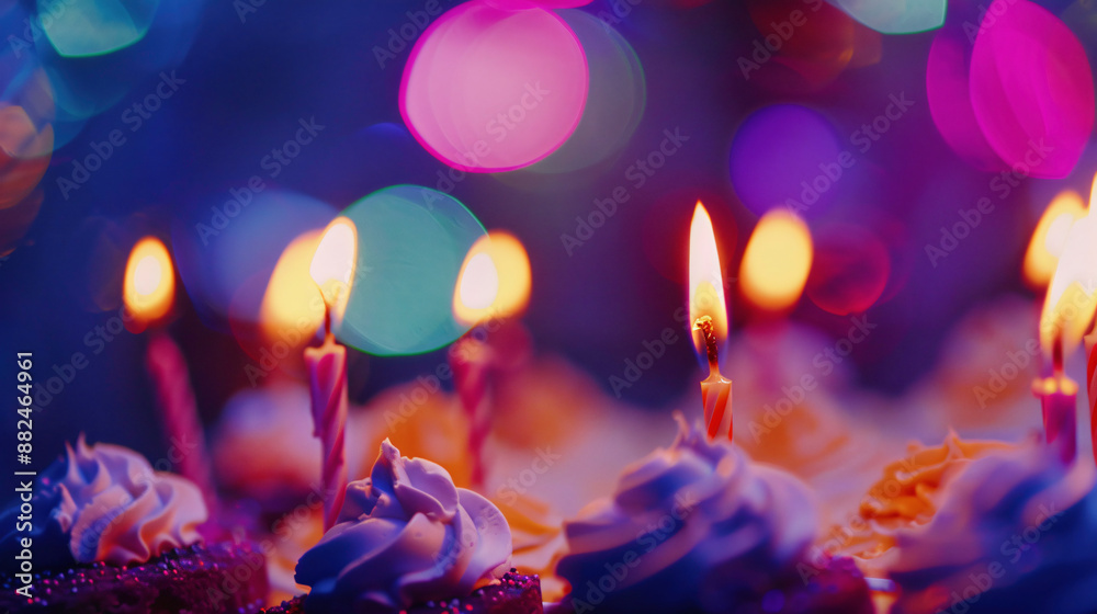 Lit candles are burning on top of a frosted birthday cake, creating a warm glow against a festive bokeh background. The image evokes feelings of joy, celebration, and togetherness Lit candles are burning on top of a frosted birthday cake, creating a warm glow against a festive bokeh background. The image evokes feelings of joy, celebration, and togetherness