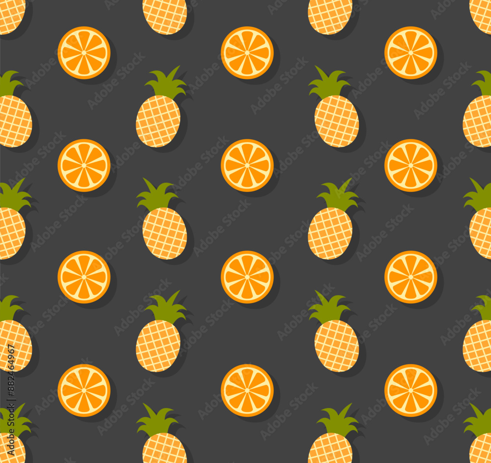 Vector seamless pattern with oranges and pineapples on a grey background. Flat icons, background, wallpaper, print design Vector seamless pattern with oranges and pineapples on a grey background. Flat icons, background, wallpaper, print design