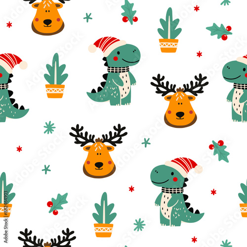 Christmas set with festive dinosaurs and cute characters. Christmas dinosaurs, trees, sweets and toys. Pattern with dinosaurs but new year.