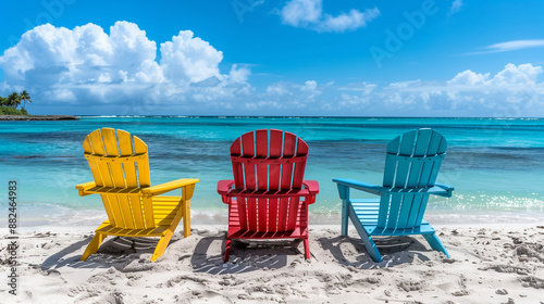 Three colorful Adirondack chairs (yellow, red, and blue) on a sandy beach facing the ocean under a clear blue sky. photo