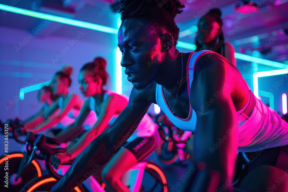 Athletes in a neon lit gym spin class, sweating, smiling, pushing limits, showing teamwork in a fun, intense workout