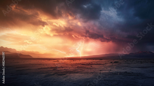 Powerful thunderstorm rages over a barren desert, with lightning striking and heavy rain pouring down, creating a scene of intense energy and danger under dark clouds