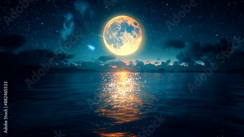 full moon at sea at night, amazing view landscape  for live wallpaper video animation background Seamless looping time-lapse 4k quality