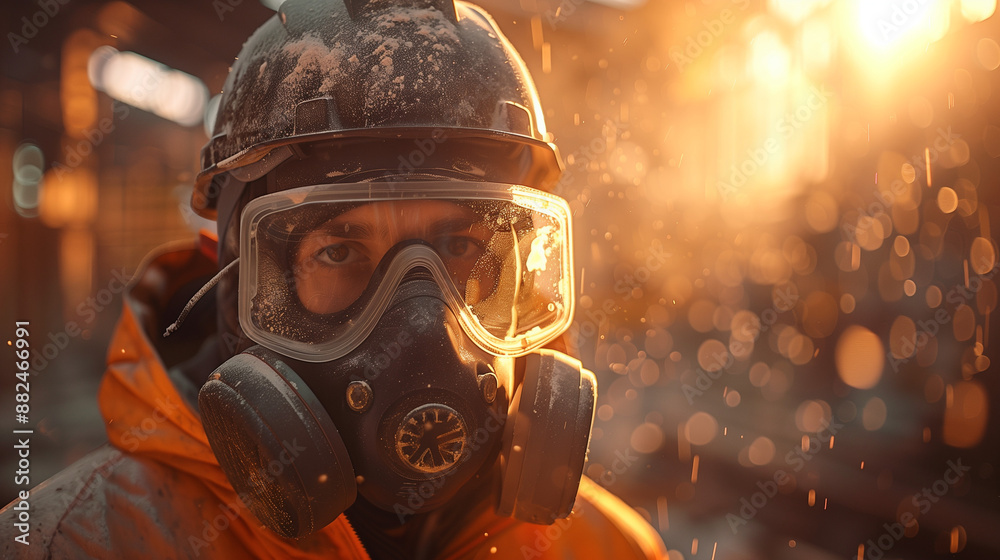 A worker wearing protective gear, including a gas mask and goggles, standing in an industrial setting with particles floating in the air and sunlight in the background. A worker wearing protective gear, including a gas mask and goggles, standing in an industrial setting with particles floating in the air and sunlight in the background.