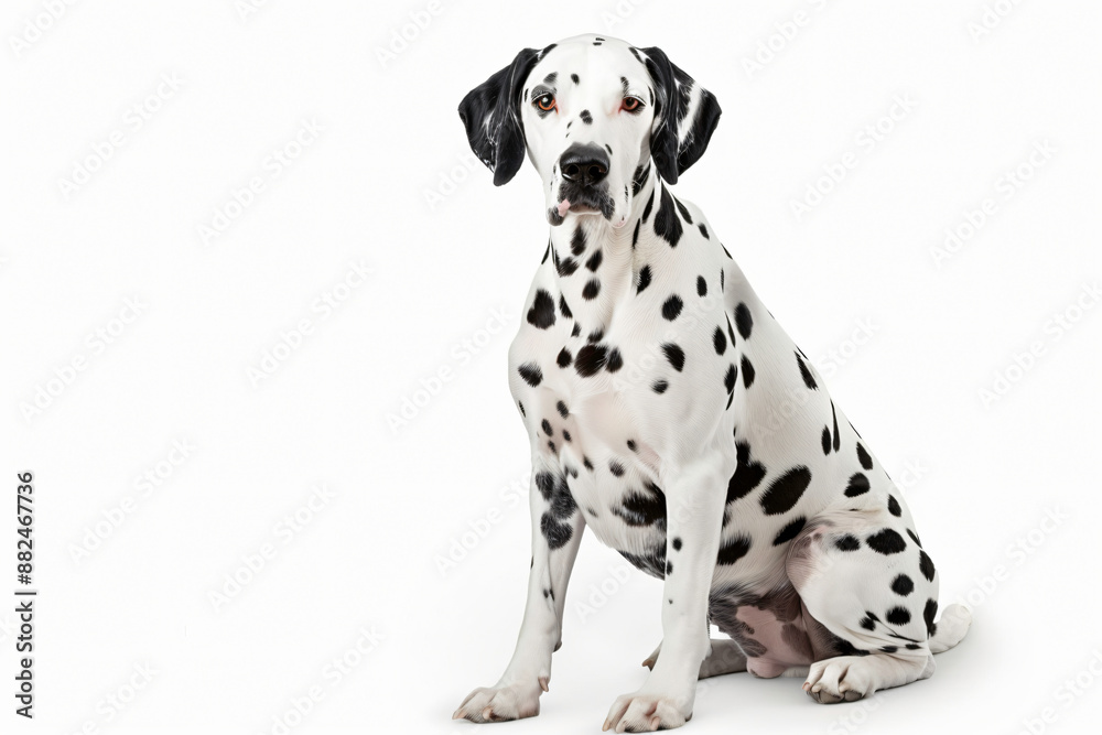 Well groomed dalmatian dog sitting on a white background, looking directly at us with its shiny coat, exuding playfulness and friendliness Well groomed dalmatian dog sitting on a white background, looking directly at us with its shiny coat, exuding playfulness and friendliness