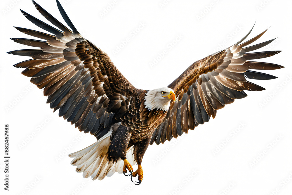 Beautiful bald eagle extending its talons as it prepares to land, with its powerful wings spread wide against a clean white background