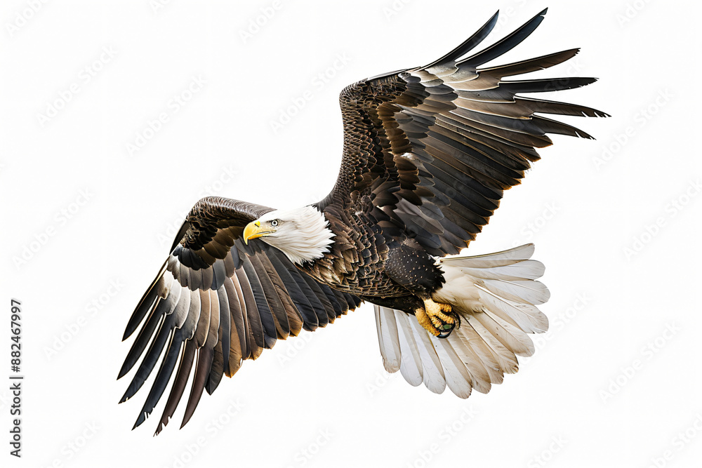Bald eagle is soaring with its impressive wings outstretched, showcasing its magnificent plumage and sharp talons against a clean white backdrop Bald eagle is soaring with its impressive wings outstretched, showcasing its magnificent plumage and sharp talons against a clean white backdrop