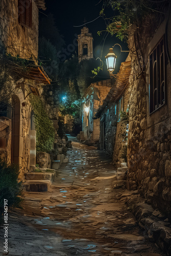 A nighttime scene of a narrow cobblestone street in a quaint village, with stone buildings and a warmly lit street lamp.