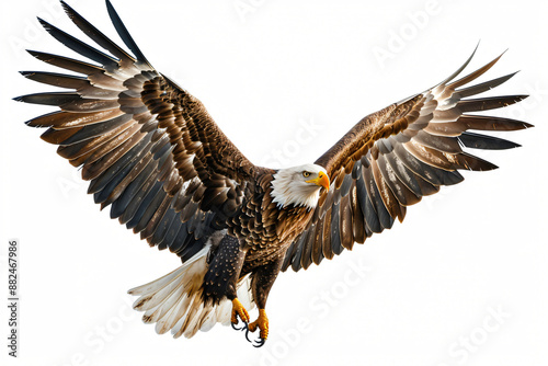 Beautiful bald eagle extending its talons as it prepares to land, with its powerful wings spread wide against a clean white background