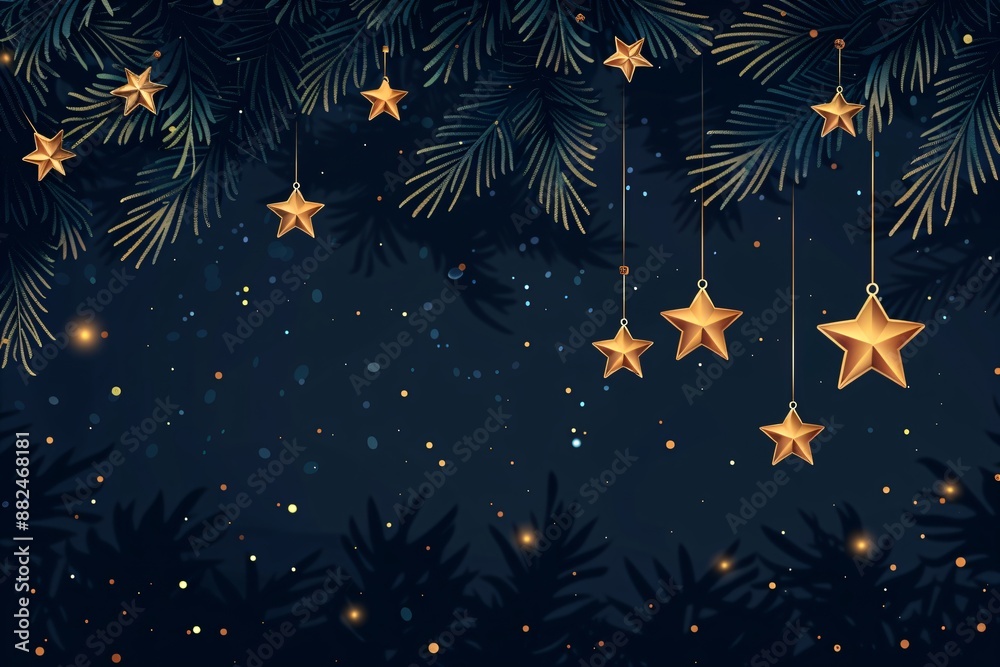 Fototapeta premium Border made of fir tree branches and golden stars on snowy blue background. Merry Christmas and Happy New Year. Winter holidays template with copy space for greeting card, invitation, banner, poster