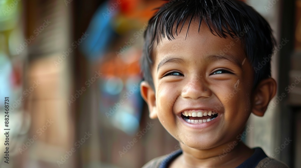 A young child with dark hair laughs joyfully, exuding genuine happiness. The background is softly blurred, emphasizing the child's radiant smile and carefree spirit. A young child with dark hair laughs joyfully, exuding genuine happiness. The background is softly blurred, emphasizing the child's radiant smile and carefree spirit.