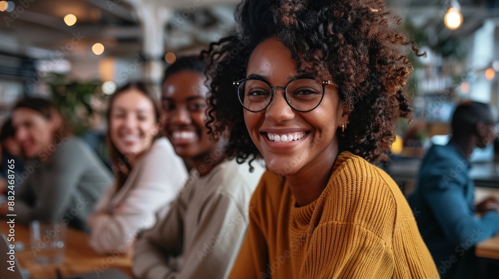 A woman wearing glasses smiles at the camera in a modern, busy co-working space. The scene captures a lively and collaborative atmosphere with professional individuals. A woman wearing glasses smiles at the camera in a modern, busy co-working space. The scene captures a lively and collaborative atmosphere with professional individuals.