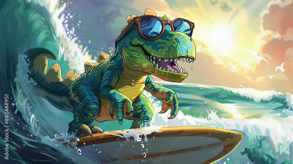 Fototapeta premium A vibrant illustration of a dinosaur character wearing sunglasses, riding a surfboard on a massive ocean wave as the sun sets, capturing a fun and adventurous moment.