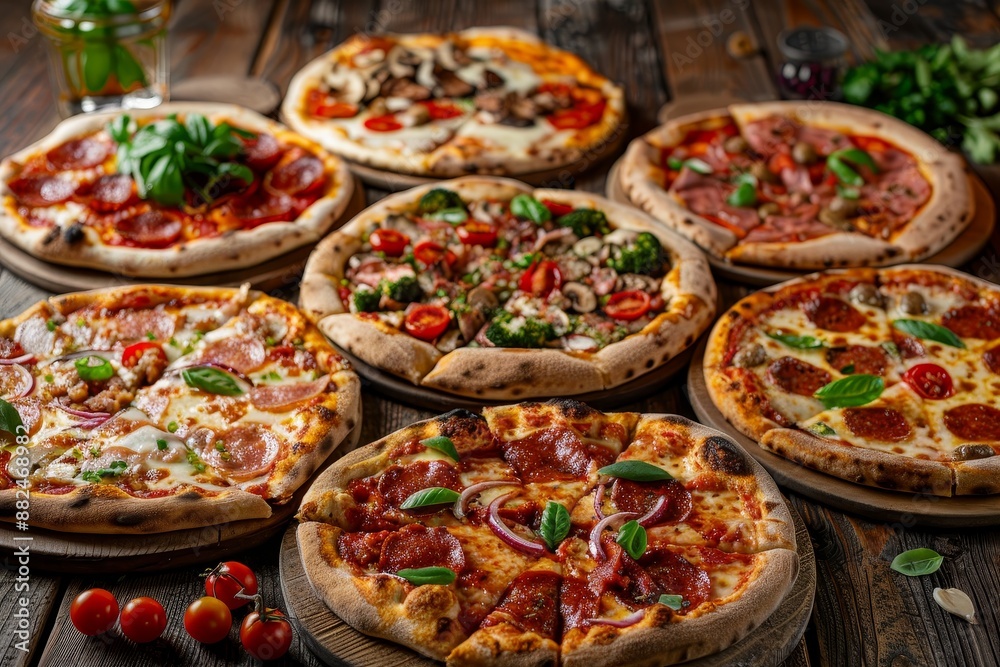 Gourmet pizza selection served on a rustic wooden table, inviting you to indulge Gourmet pizza selection served on a rustic wooden table, inviting you to indulge