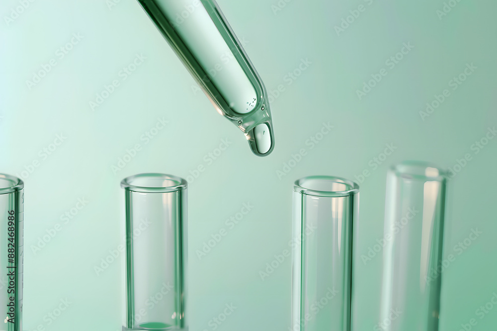 Dripping liquid from pipette into test tube on light green background, closeup Dripping liquid from pipette into test tube on light green background, closeup
