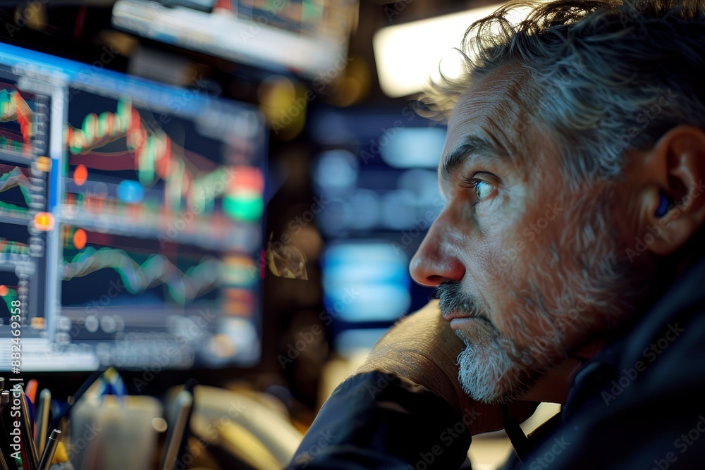 Precision in currency trading: a trader monitoring exchange rates with keen attention Precision in currency trading: a trader monitoring exchange rates with keen attention