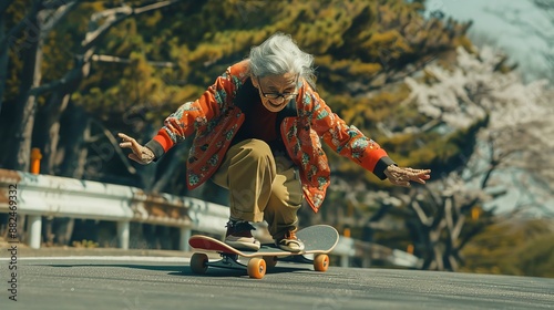 A senior person shows impressive skateboarding skills by bending knees on a road, wearing a vibrant floral jacket, reflecting confidence and energy in motion.