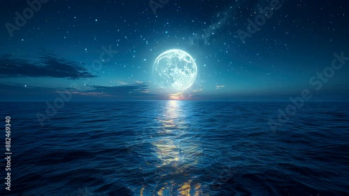 full moon at sea at night, amazing view landscape  for live wallpaper video animation background Seamless looping time-lapse 4k quality