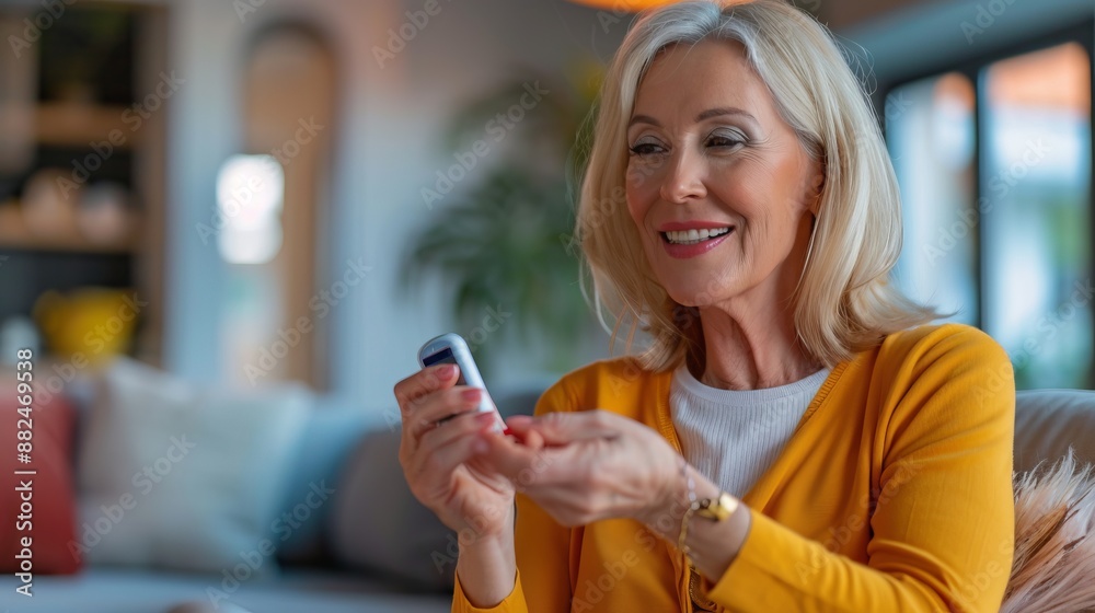 © Drew - An elderly woman in a yellow sweater sits in a cozy living room, using a glucose meter. She's smiling, suggesting a positive mood and a good health management moment. © Drew - An elderly woman in a yellow sweater sits in a cozy living room, using a glucose meter. She's smiling, suggesting a positive mood and a good health management moment.