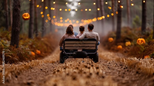 Families enjoying a hayride through a spooky forest, with eerie decorations and fog, during Halloween.
 photo