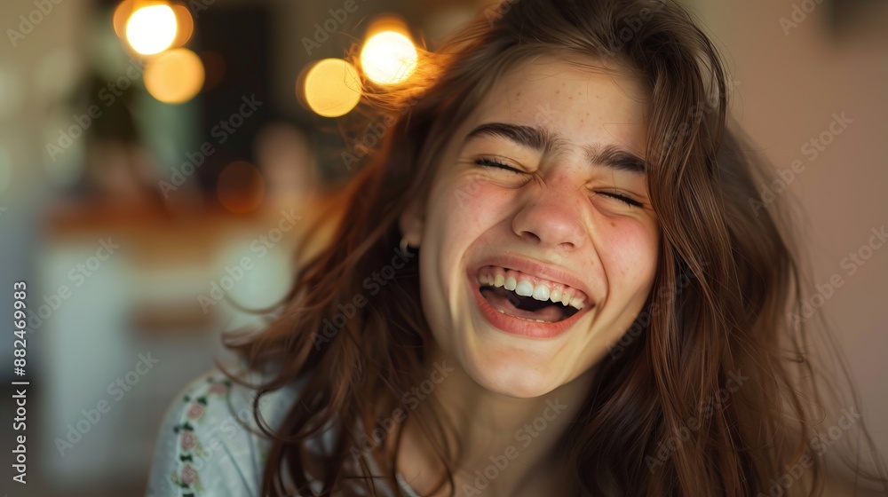 A cheerful young woman is captured mid-laughter in a home setting. The warm, golden lighting in the background adds to the ambiance of joy and happiness. A cheerful young woman is captured mid-laughter in a home setting. The warm, golden lighting in the background adds to the ambiance of joy and happiness.