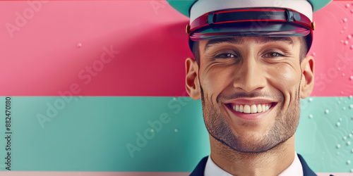 Flight attendant man smiling on colored background with copy space. Young Steward in uniform banner template. photo