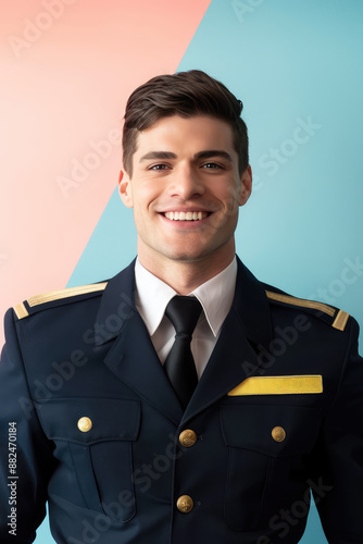 Flight attendant man smiling on colored background with copy space. Young Steward in uniform banner template. photo