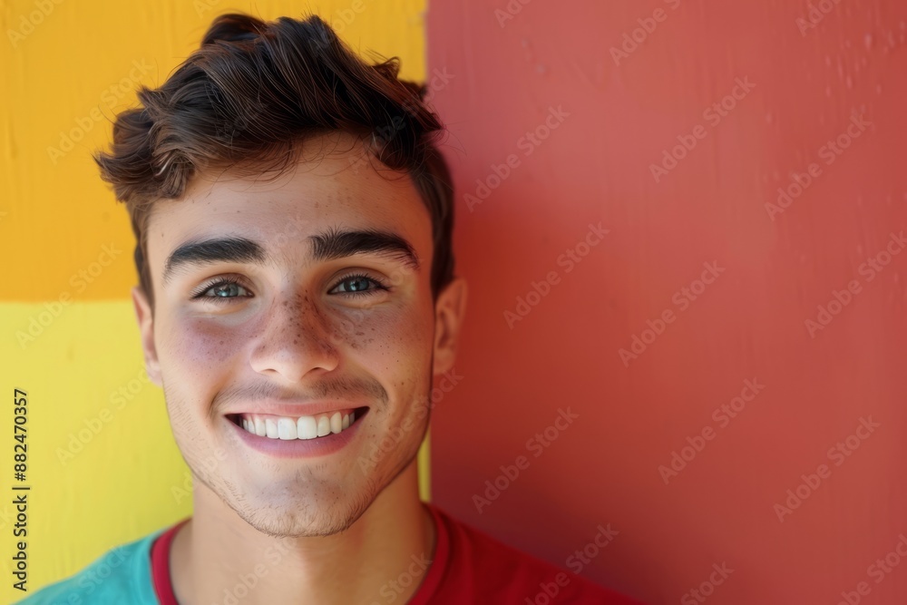 The young man has a bright smile and his image is perfect for expressing confident abstract concepts, making it a best-selling background or wallpaper
